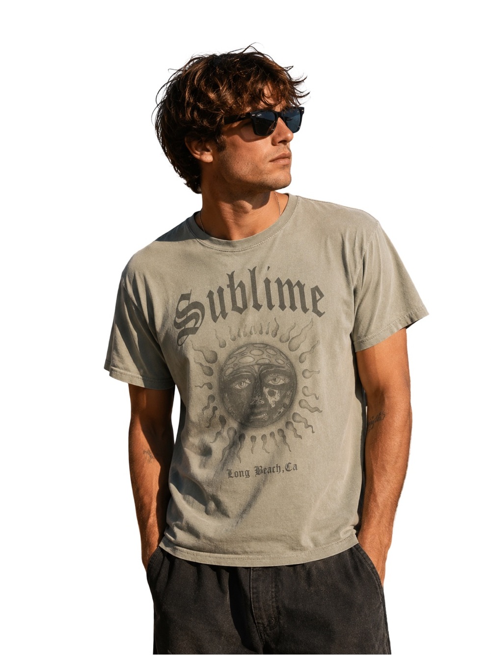 Y2K Sublime Long Beach CA Band Graphic Concert Tee sun fade olive Grunge Skate L